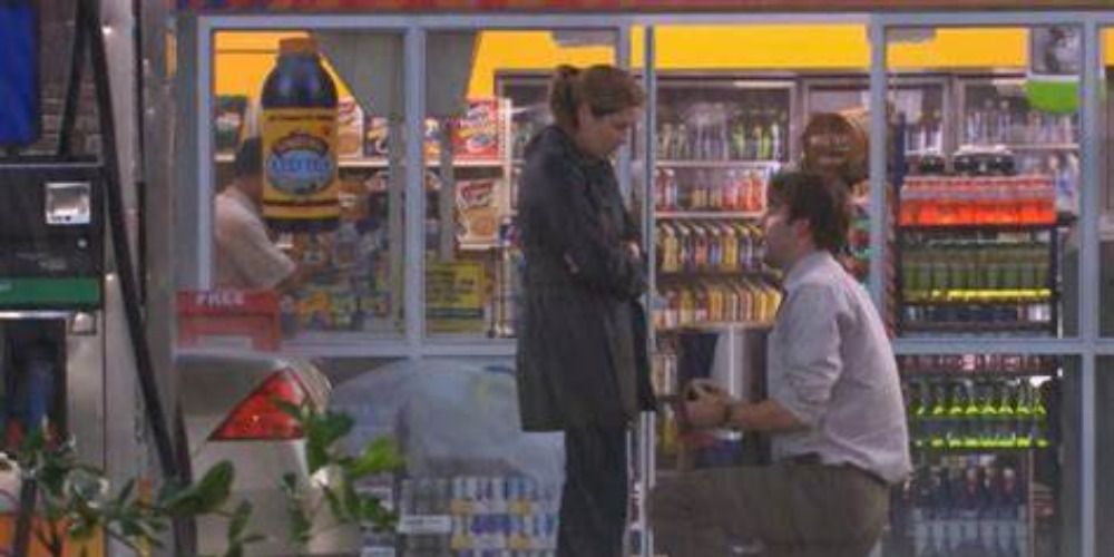 Jim proposing to Pam at a gas station in The Office