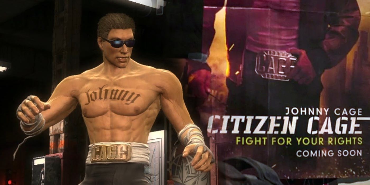Split image of Johnny Cage in Mortal Kombat 9 and the poster for Citizen Cage in Mortal Kombat (2021)