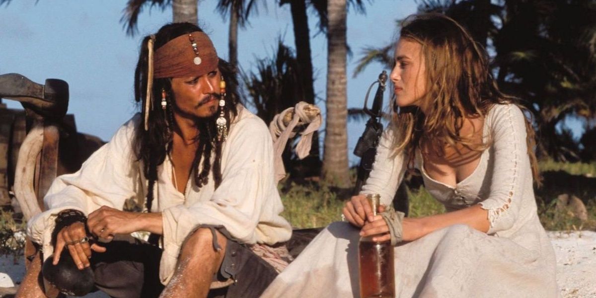Jack Sparrow and Elizabeth Swann getting drunk together