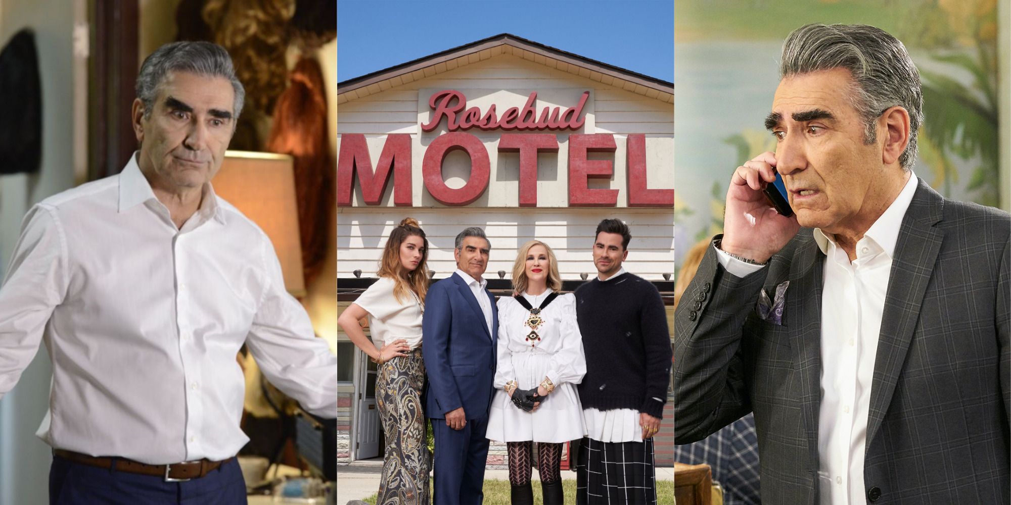 Johnny Rose and Rose family in front of Rosebud Motel Schitt's Creek featured image