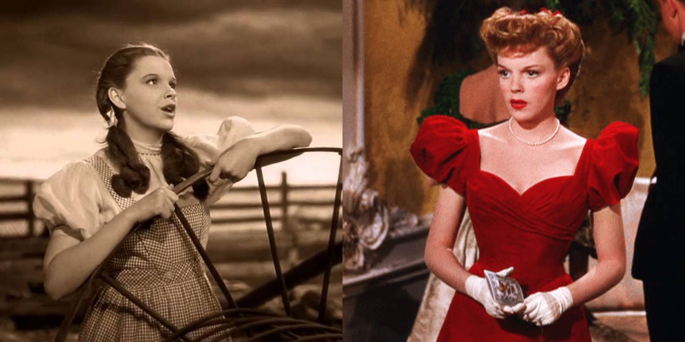 A split image of Judy Garland in The Wizard of Oz and Meet Me in St. Louis