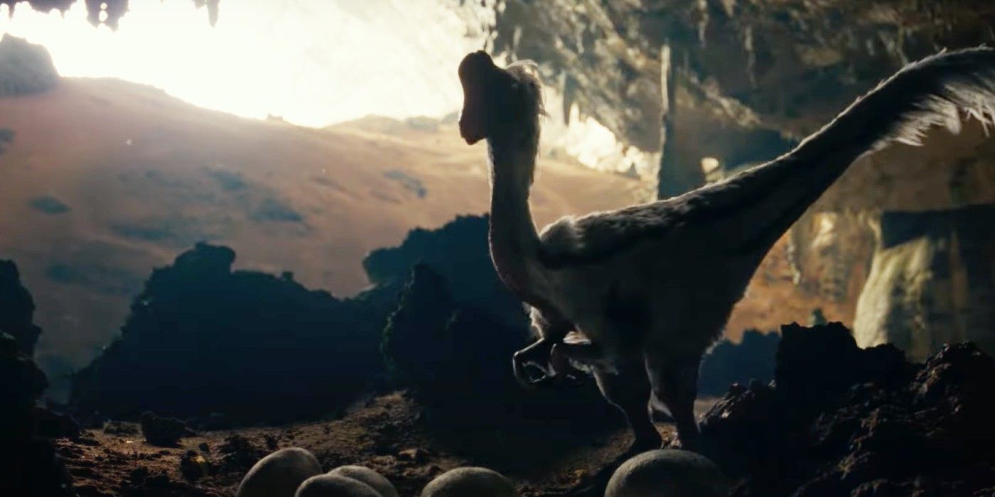 Oviraptor approaching a nest of eggs in Jurassic World: Dominion