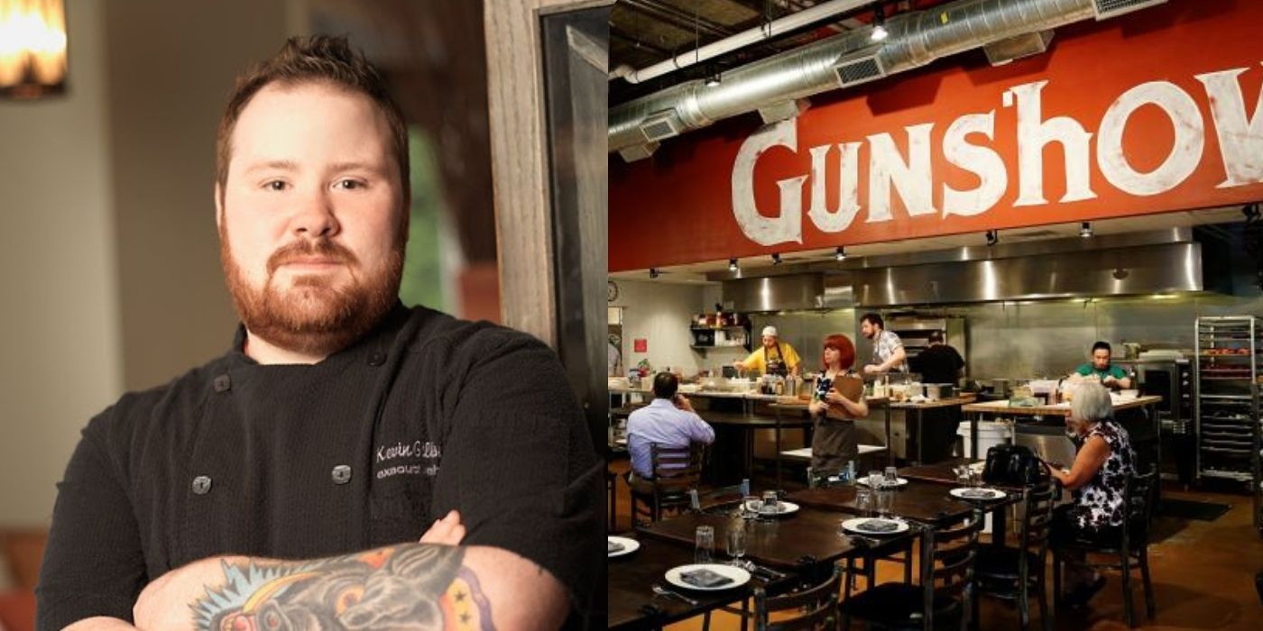A split image of Kevin Gillespie and his restaurant, Gunshow