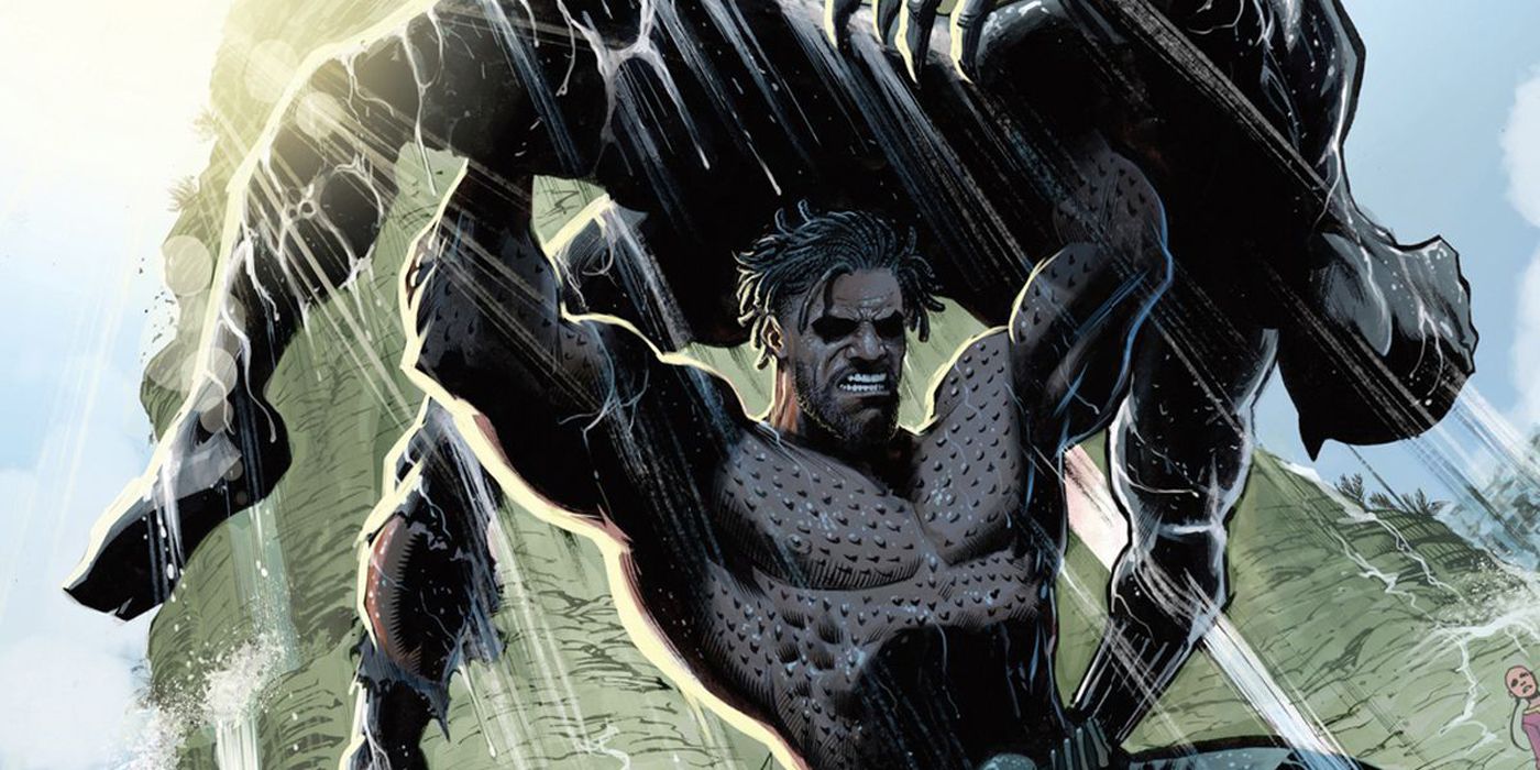 Killmonger lifting Black Panther above his head.