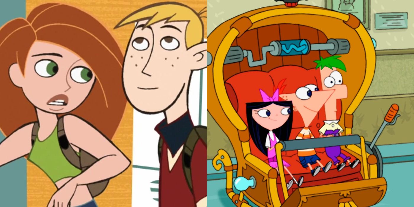 Split Image Kim Possible Kim and Ron in school, Phineas and Ferb Isabella, Phineas, and Ferb in a time machine