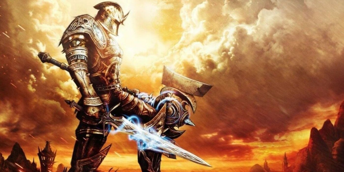 An armored hero stands on the cover of Kingdoms of Amalur