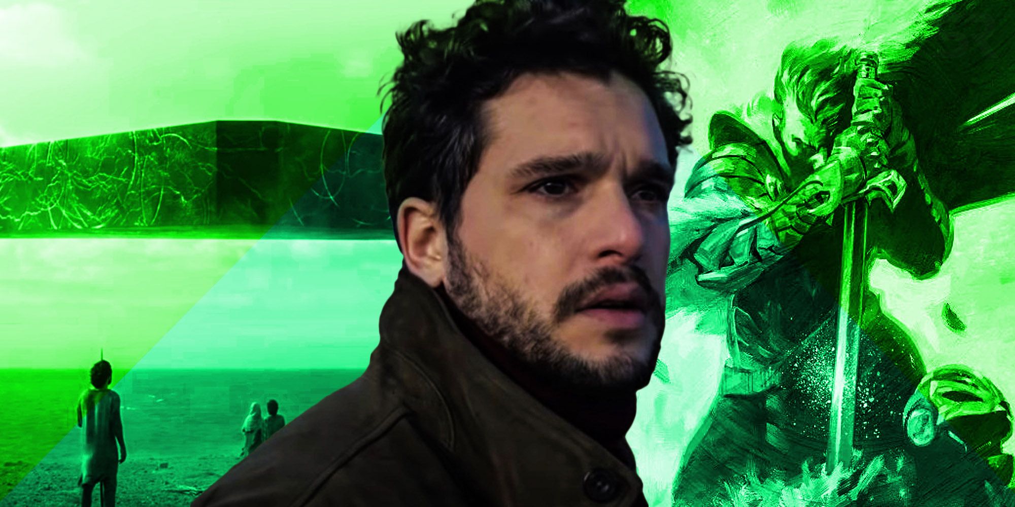 A blended image features kit Harrington as Dane Whitman in the foreground and a green tinged background of the Eternals arriving on Earth in the MCU and the Black Knight getting his sword in Marvel Comics