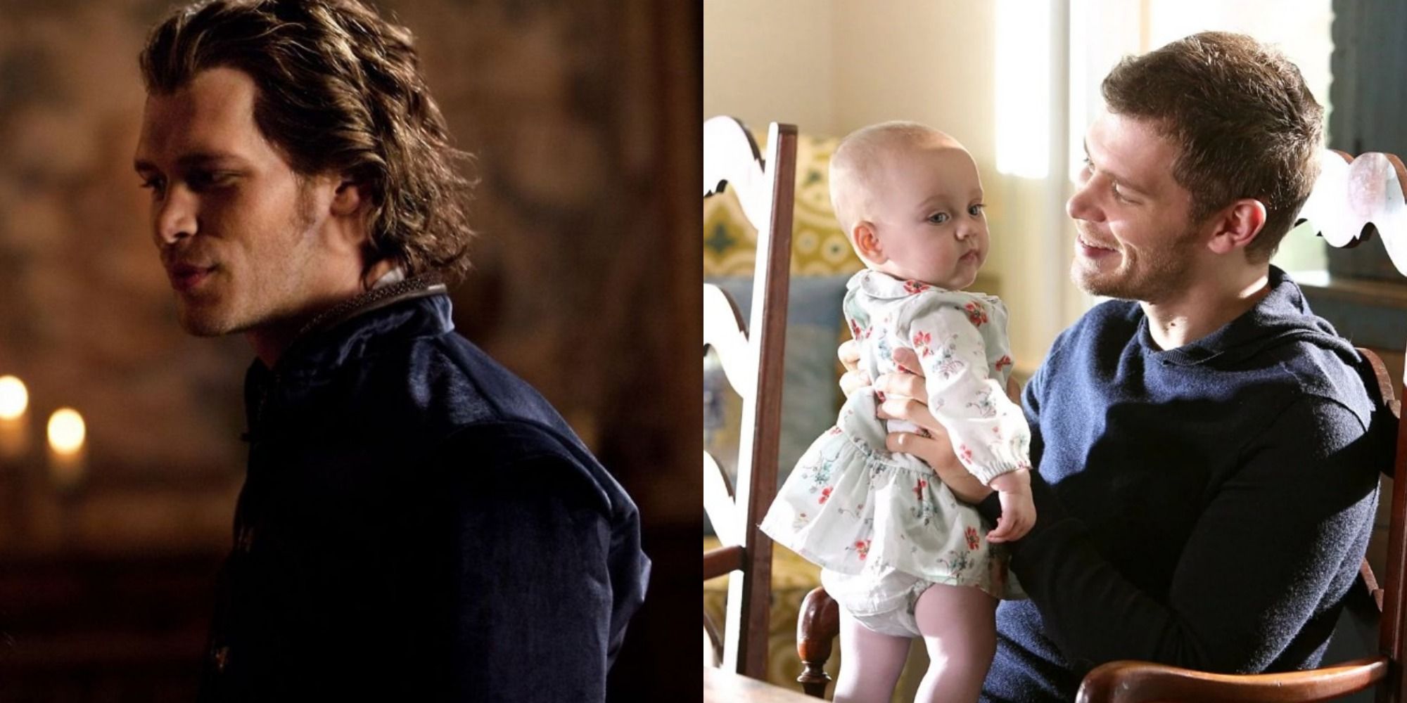 Split image of Klaus looking on and holding baby Hope