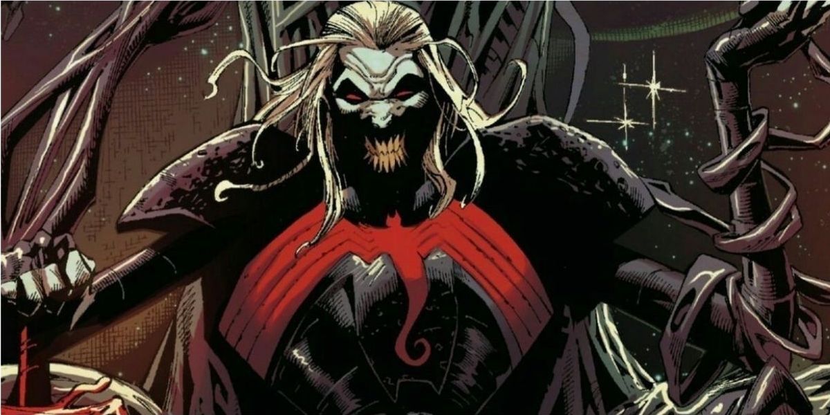 Knull, the King In Black sits on his throne one Klyntar