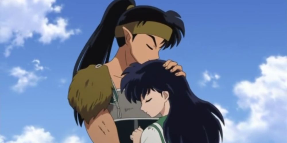 Koga hugs Kagome goodbye in the Inuyasha anime.