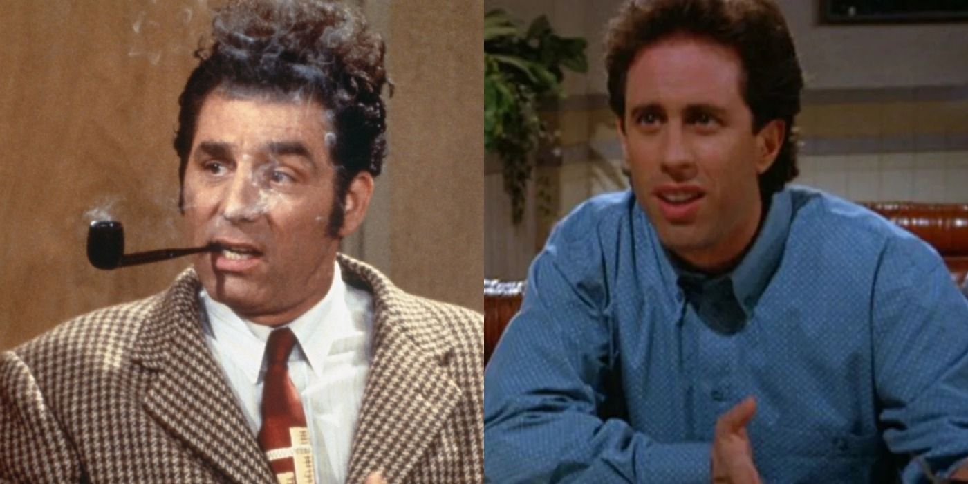 Split image Kramer smoking pipe and Jerry looking confused in Seinfeld