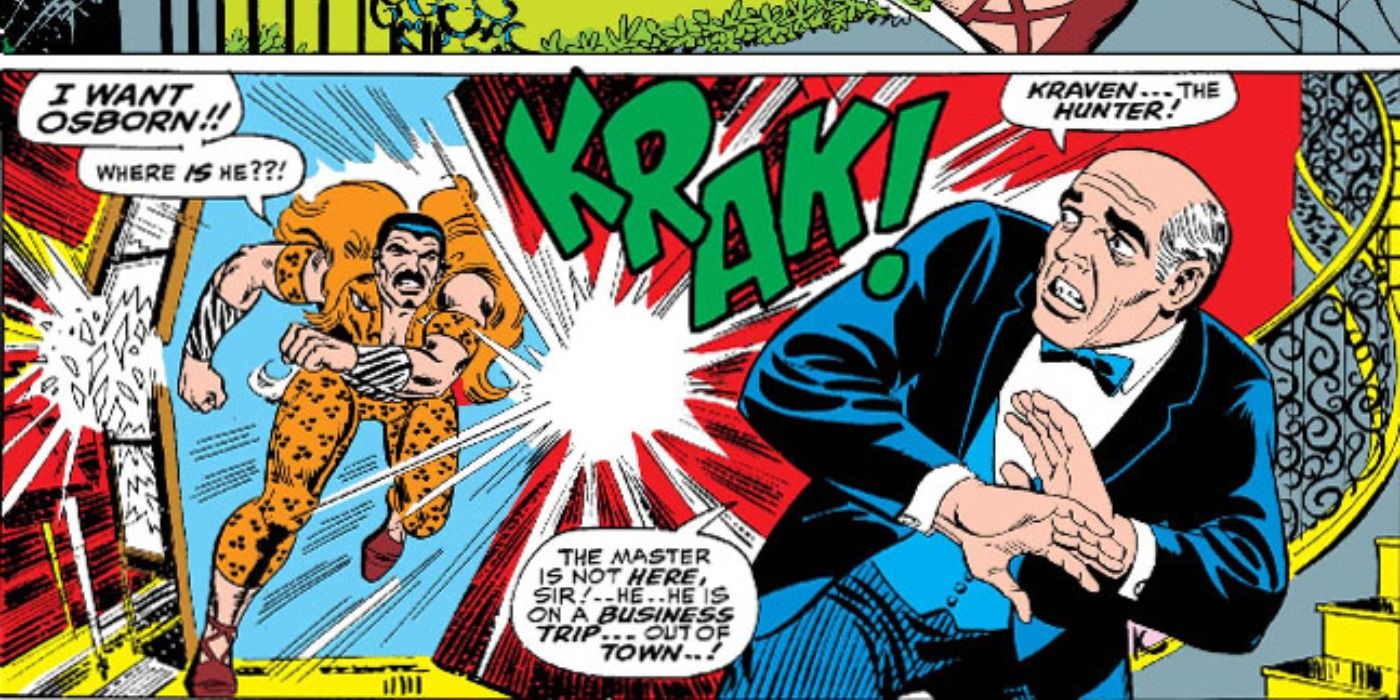 Kraven The Hunter bursts into Norman Osborn's mansion in Marvel Comics
