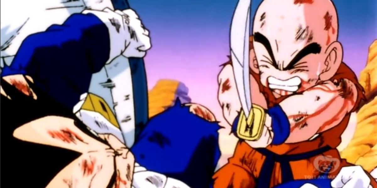 Goku telepathically stops Krillin from killing Vegeta.