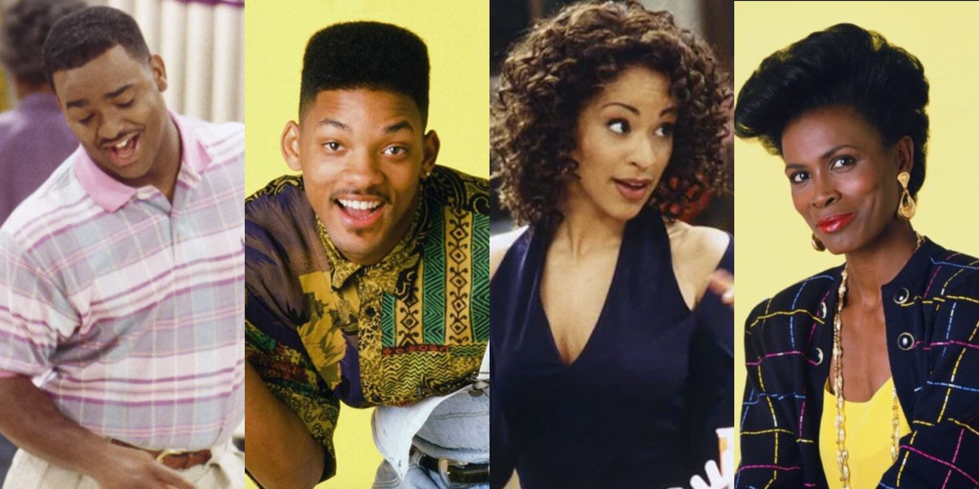 Collage of cast from Fresh Prince of Bel Air: Carlton, Will, Hilary and Aunt Viv (1st)