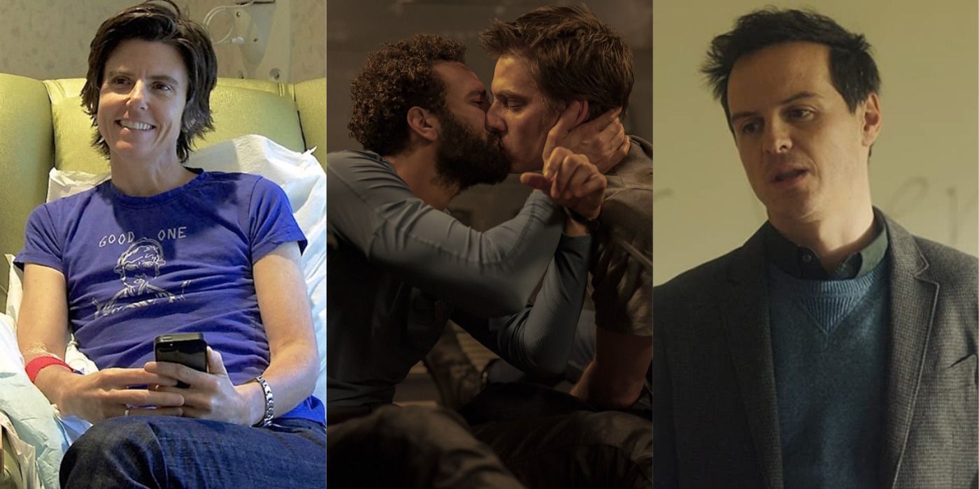 Split image of Tig Notaro, Joe kissing Nicky in The Old Guard, and Andrew Scott in Handsome Devil