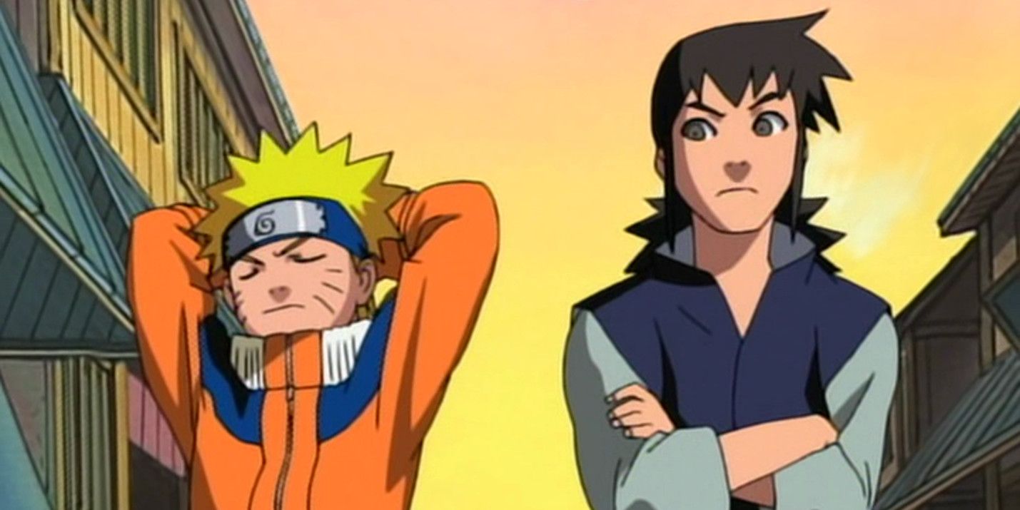 Naruto and Idate walking next to each other in the Naruto anime