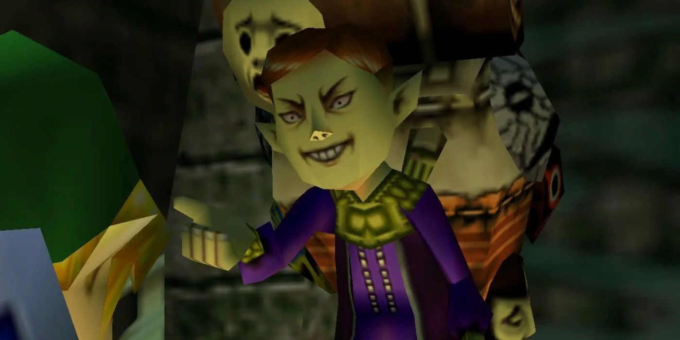 The Happy Mask Salesman from The Legend of Zelda: Majora's Mask, talking to Link and glowering creepily.