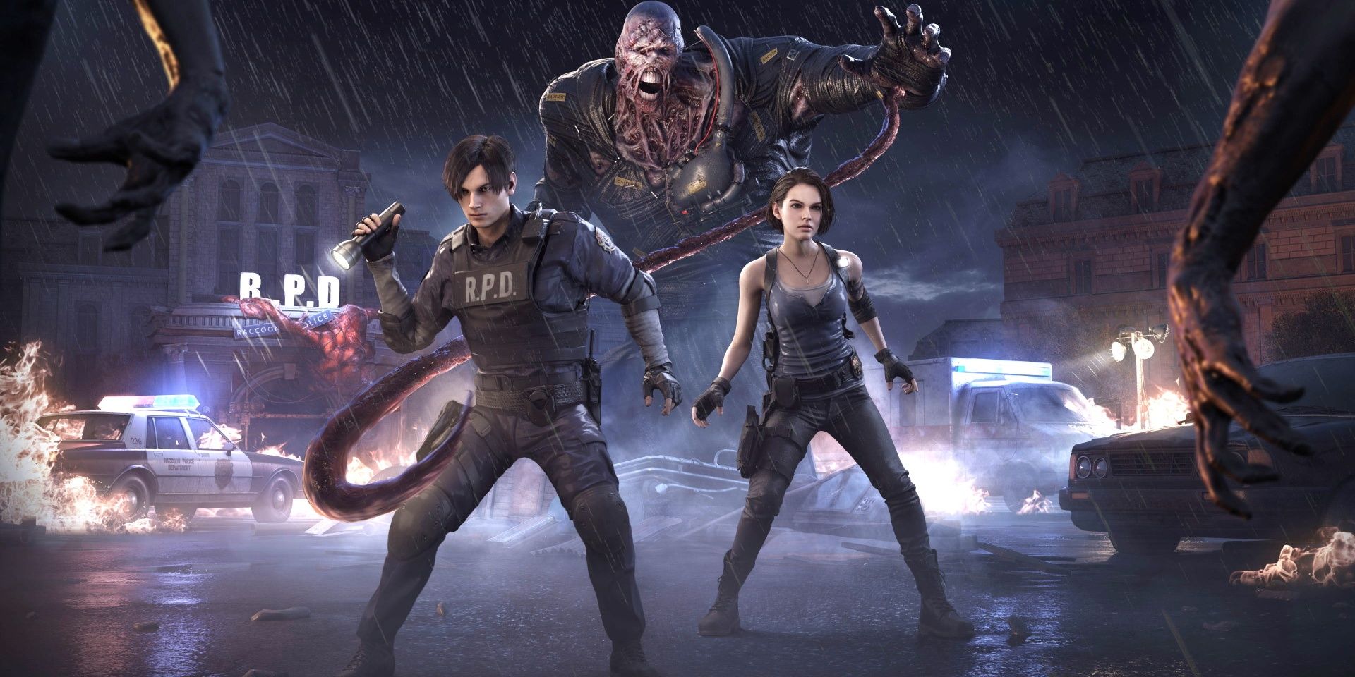 Leon Kennedy and Jill Valentine in front of Nemesis in Dead by Daylight