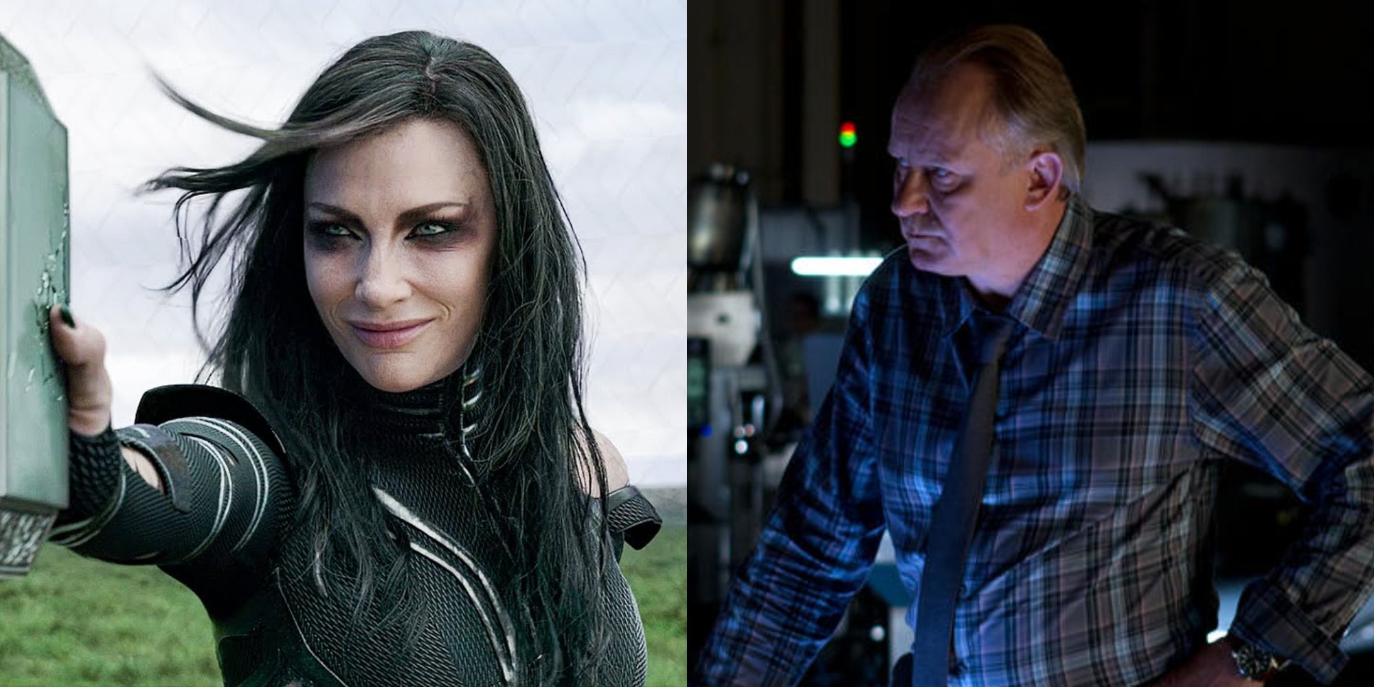A split image of Hela and Selvig in the MCU
