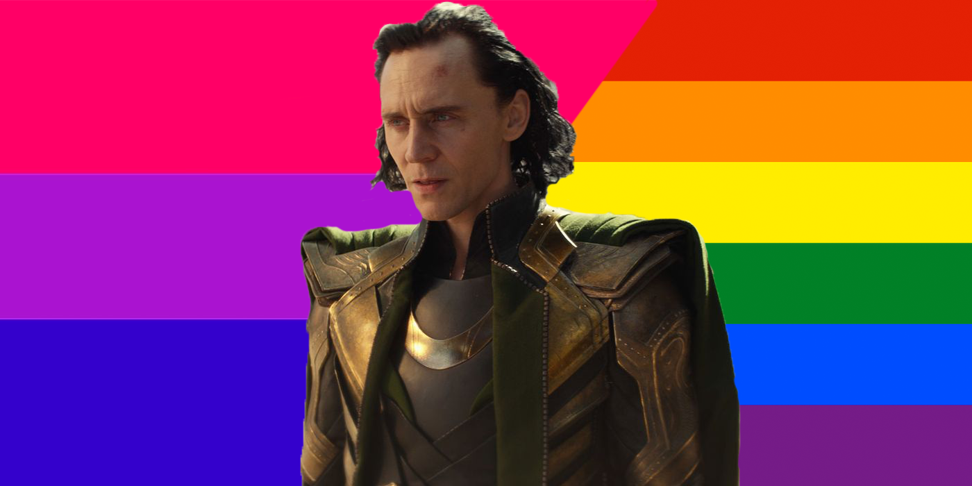 Loki in front of the Pride and bisexual LGBTQ+ flags