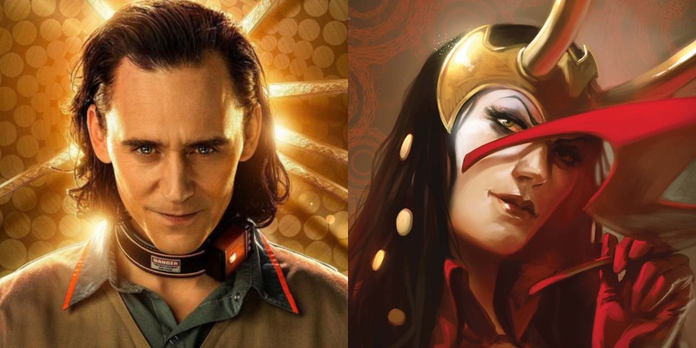 Split image of Loki from streaming series and Loki disguised as Scarlet Witch from Marvel Comics