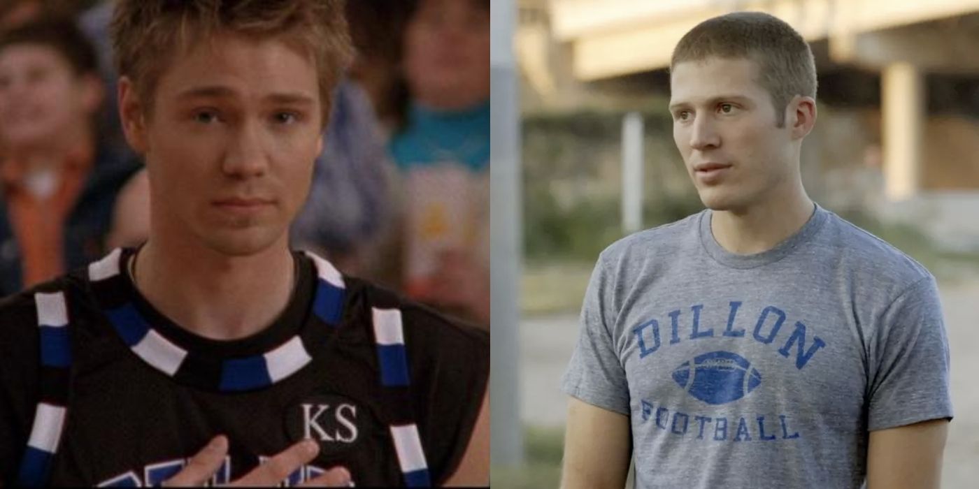 Lucas wearing his high school basketball uniform on One Tree Hill and Matt standing outside on Friday Night Lights