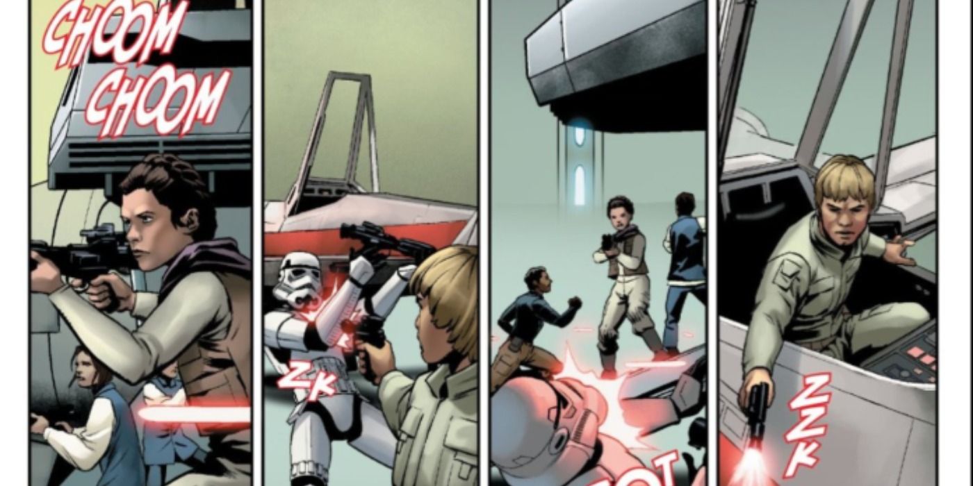 Luke Skywalker Leia and Lando fight off stormtroopers on Bespin in the Star Wars main comic.