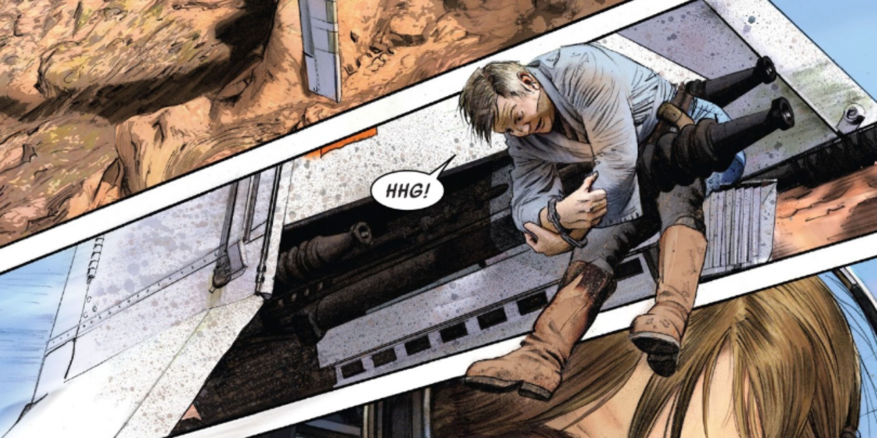 Luke Skywlaker saves Uncle Owen using the Skyhopper in the Star Wars comic line