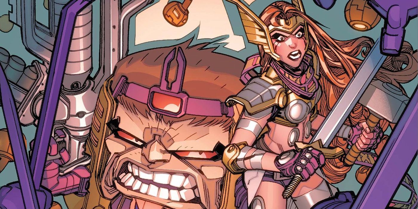 MODOK and Angela fighting side by side.
