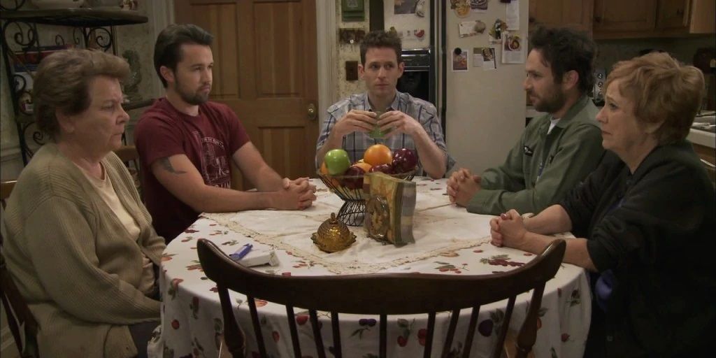Mac, Charlie, Dennis, Mac's mom, and Charlie's mom in It's Always Sunny