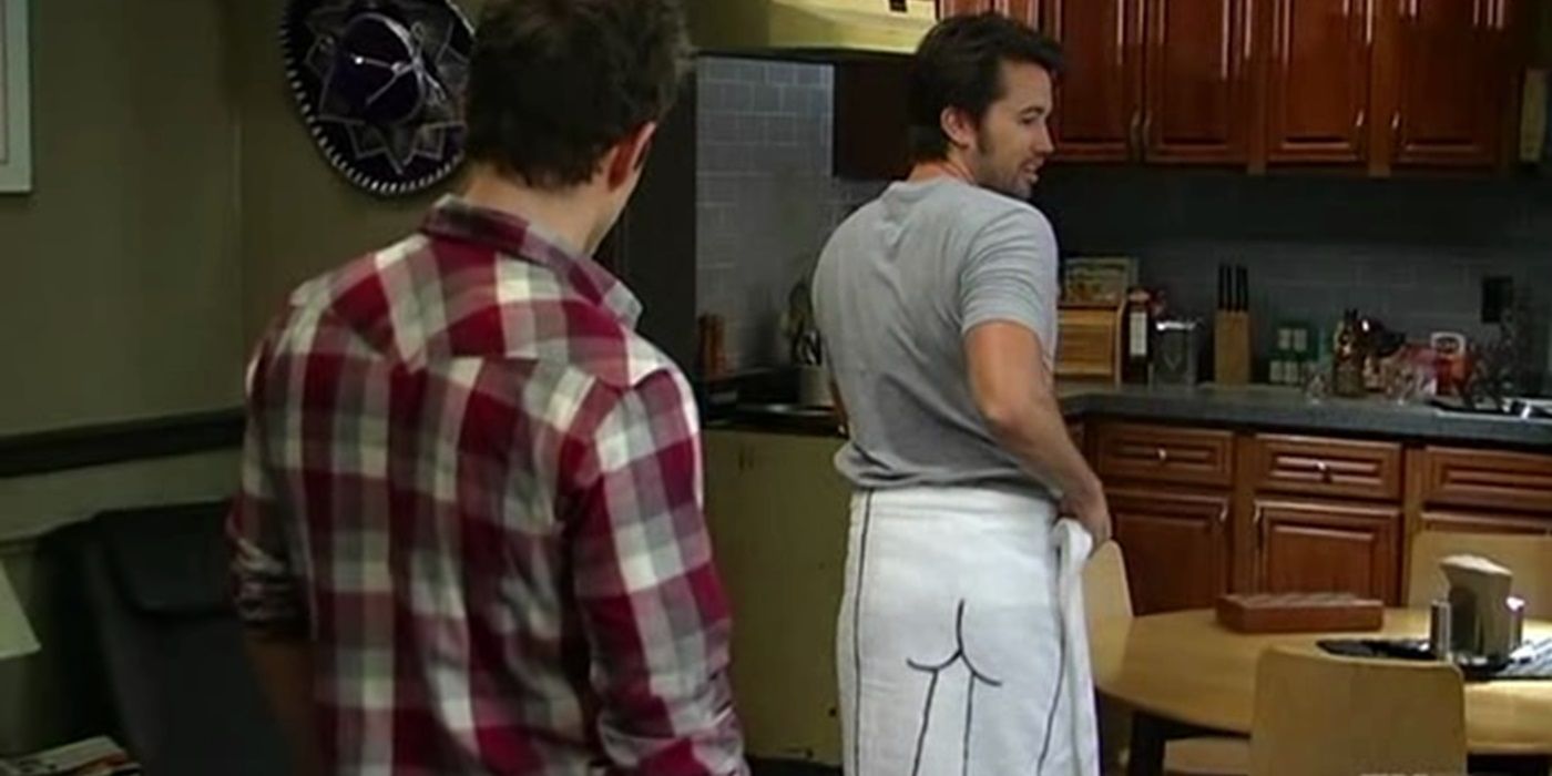 Mac showing off his towel design in It's Always Sunny