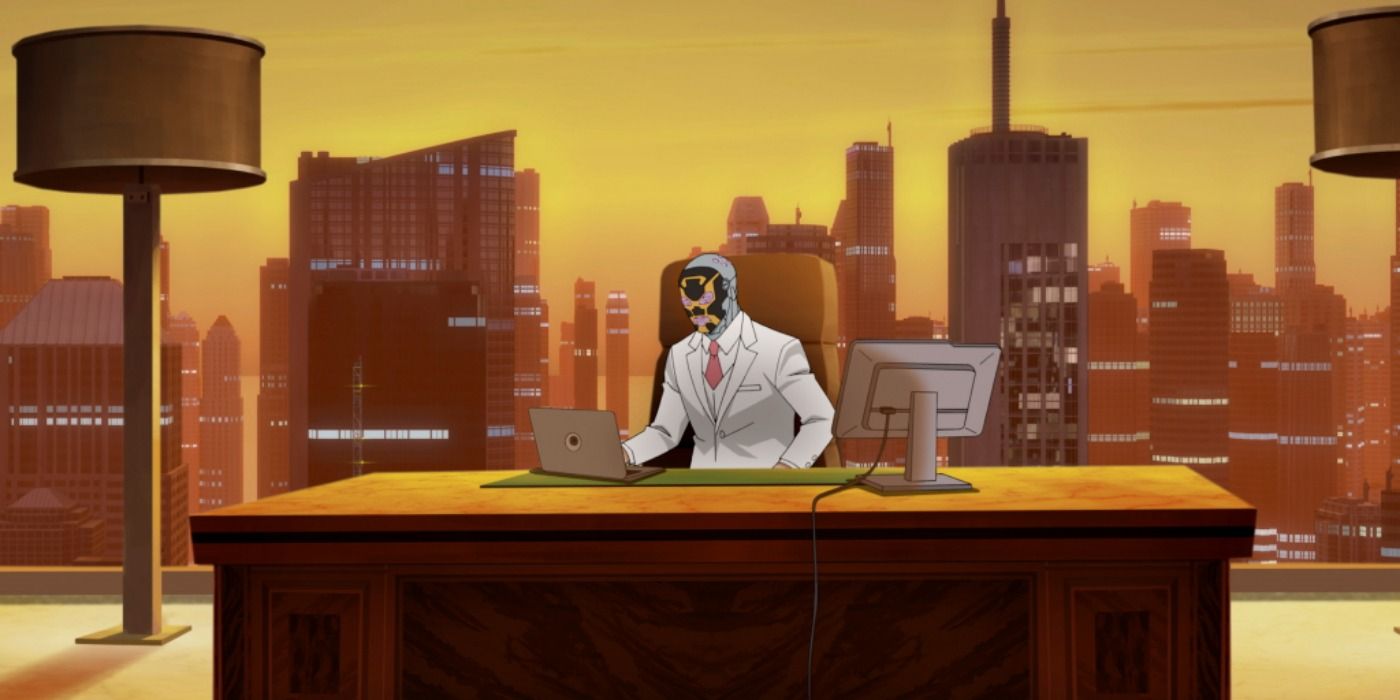 Machine Head sitting at his desk in Invincible.