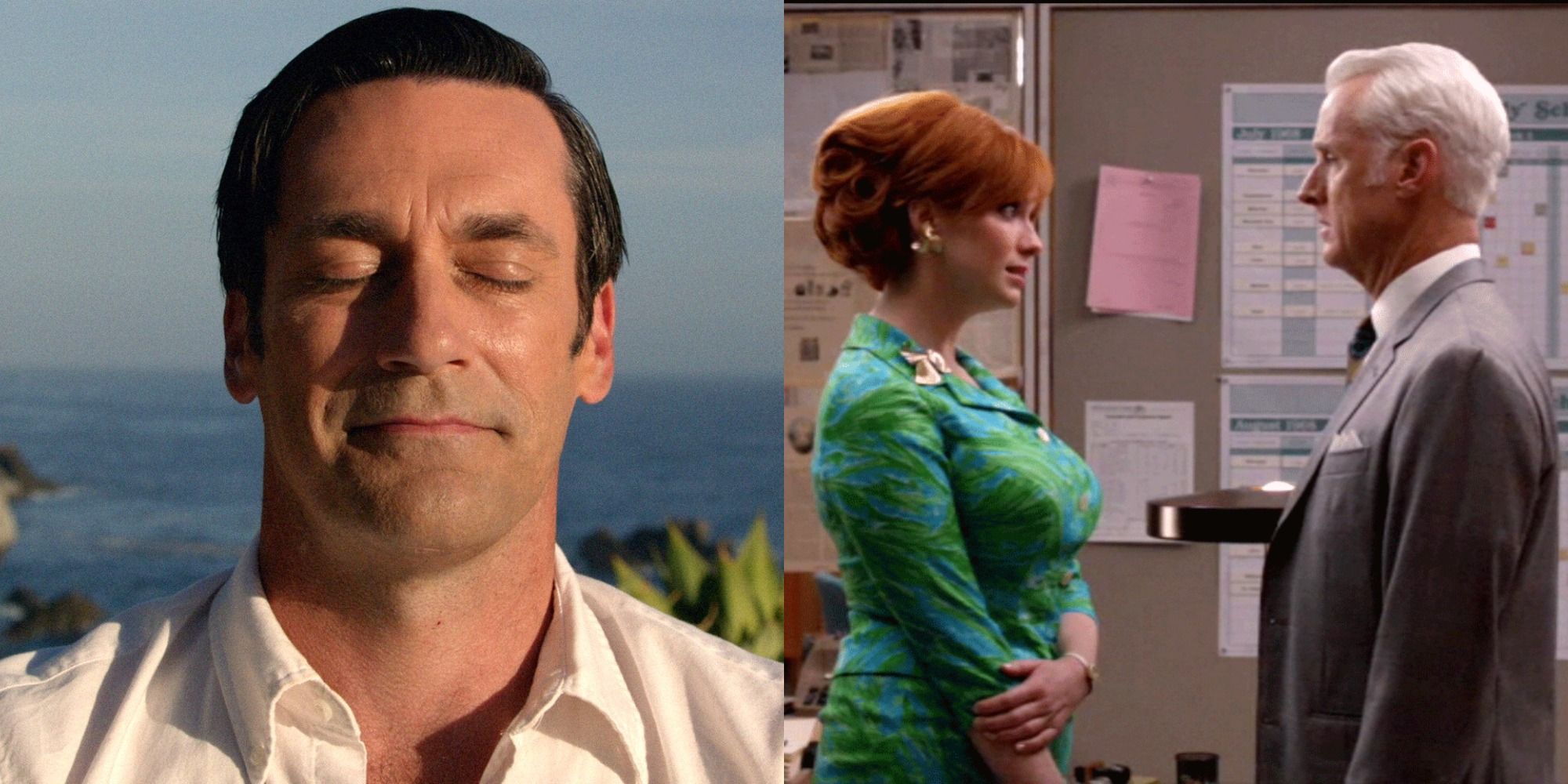 Two side by side images of Don from Mad Men and Roger and Joan.