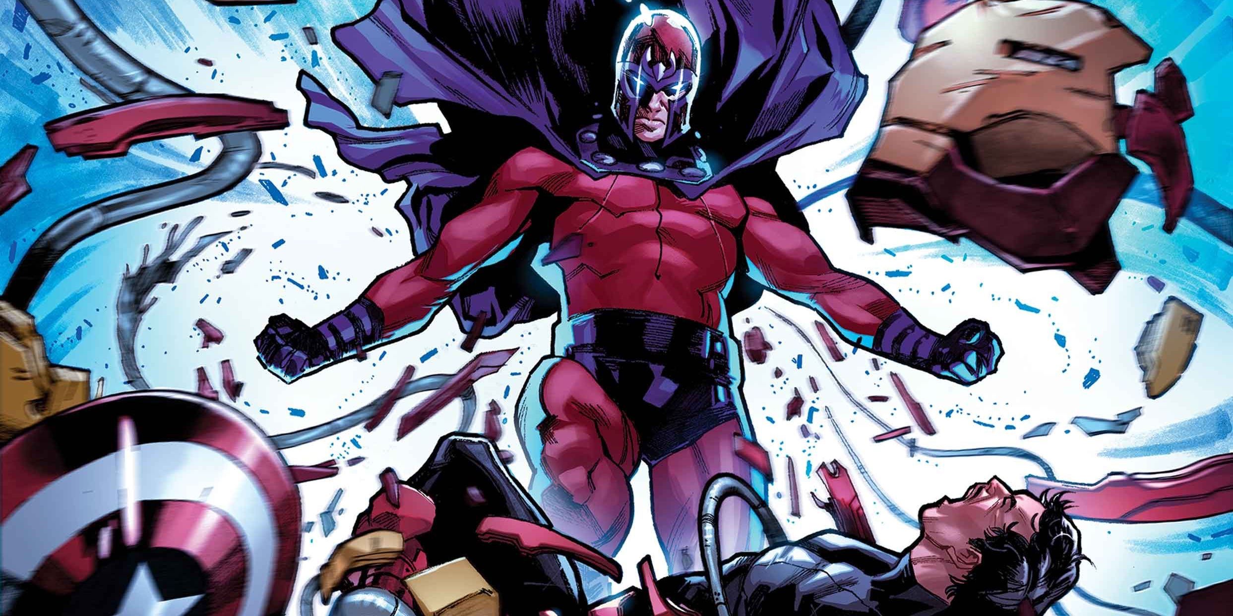 Magneto paira enquanto usa seus poderes em uma história em quadrinhos da Marvel.