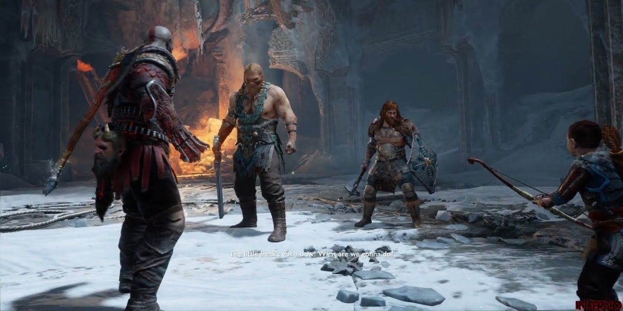 Kratos e Atreus lutando contra Magni e Modi em God of War.