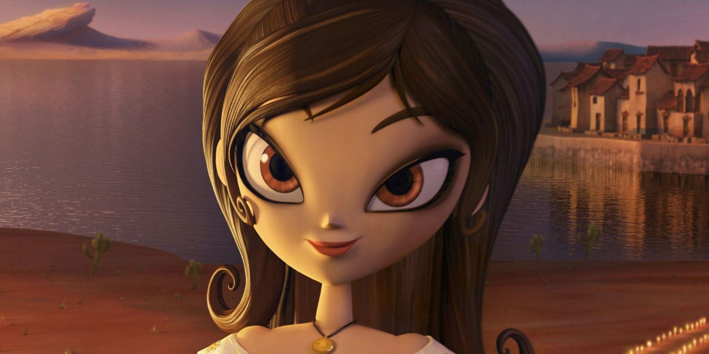 Maria looking at something in Book of Life.