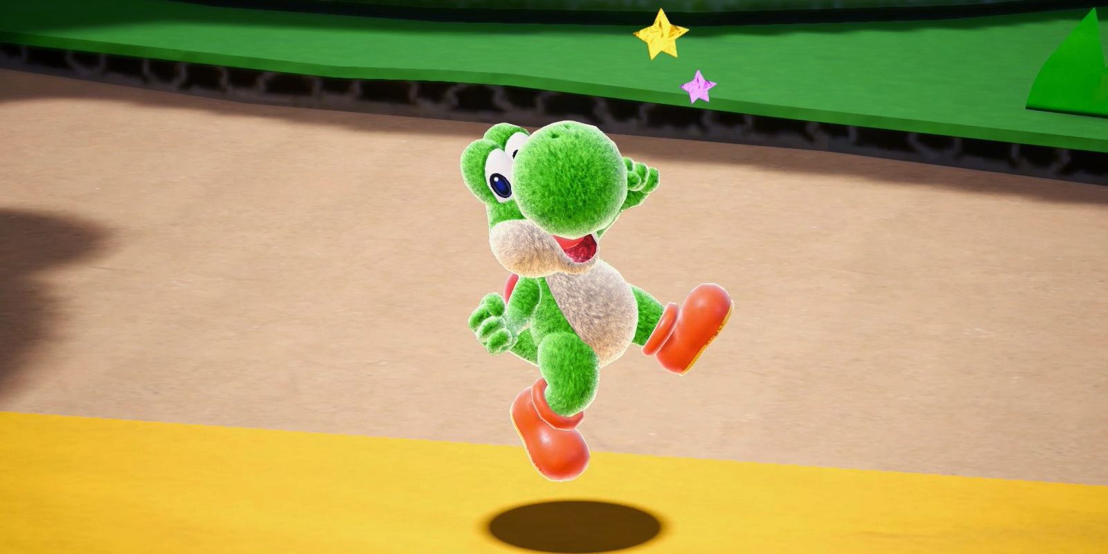 Yoshi jumps joyously with stars above