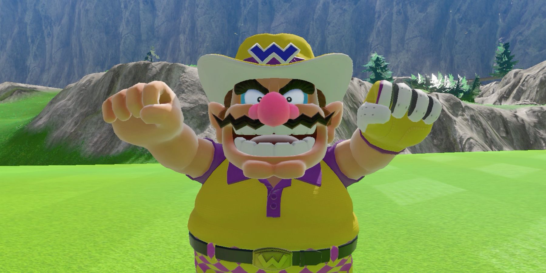 Warrio cheering in the middle of a grassy golf field