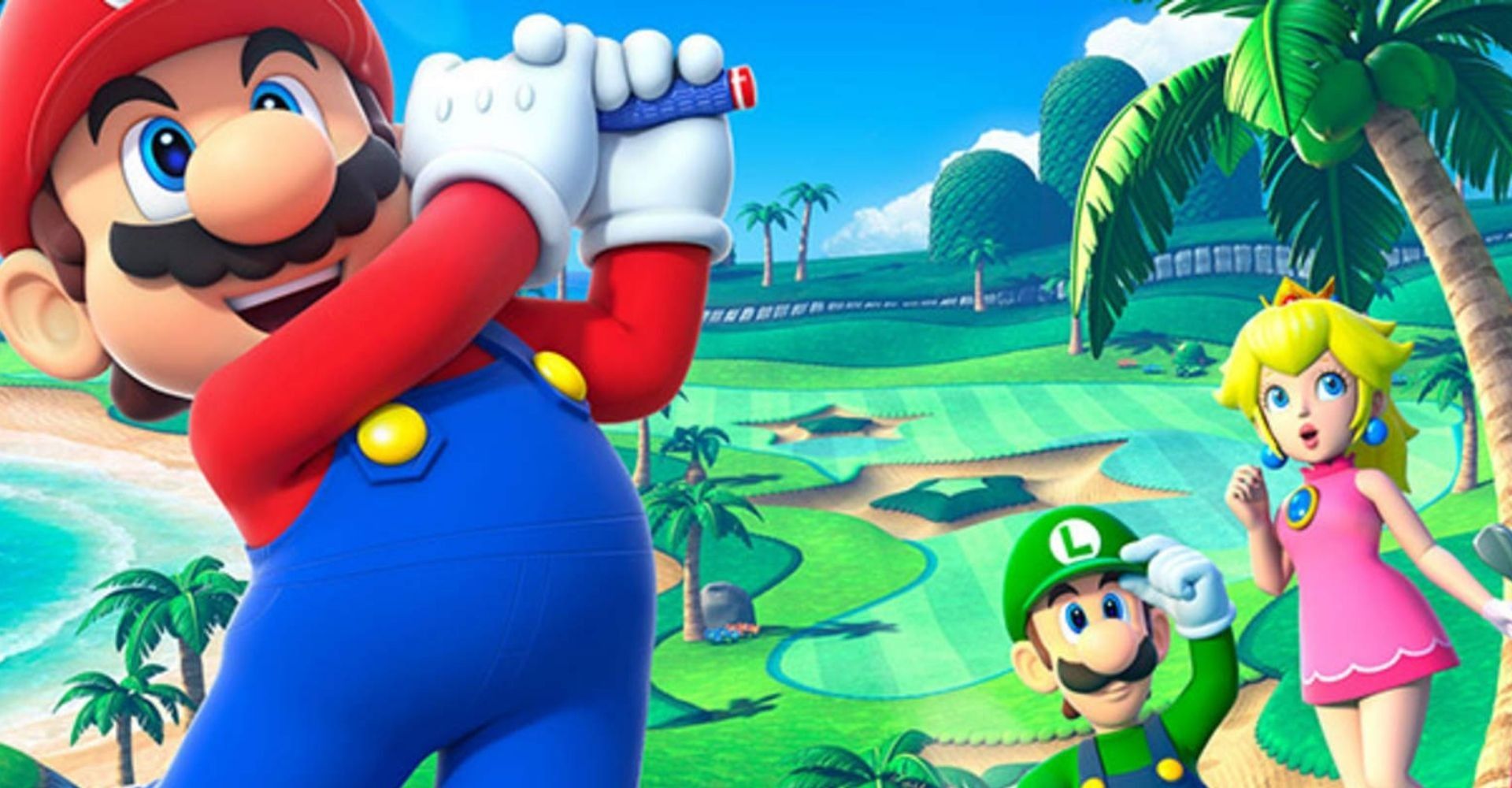 Luigi, and Peach shocked at Mario's swing in Mario Golf Super Rush