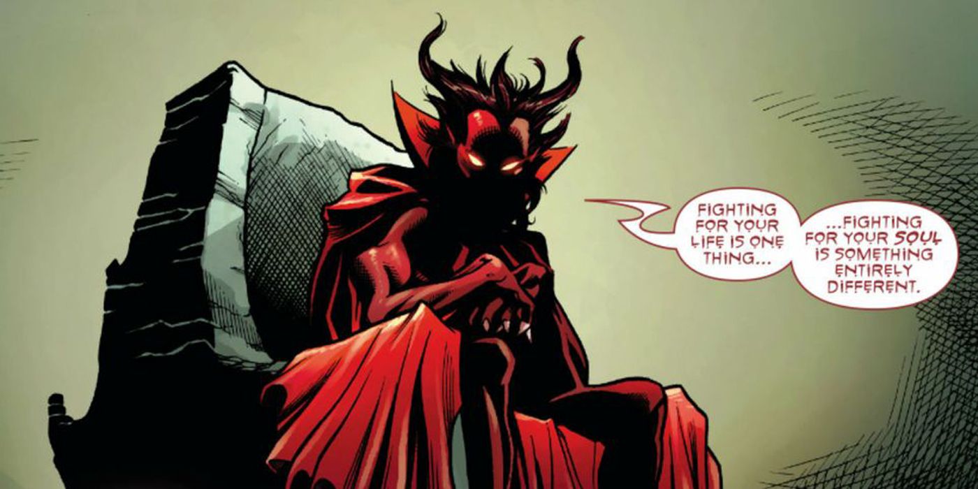 Mephisto sits on his throne in Marvel Comics.
