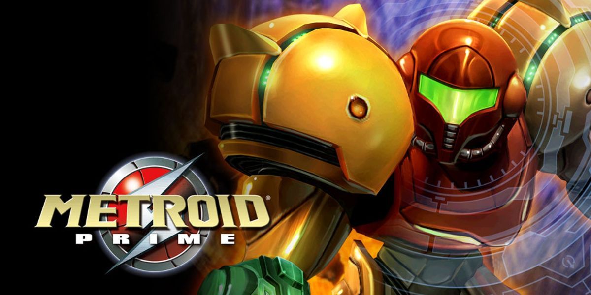 A promtional banner for Metroid Prime, featuring Samus.