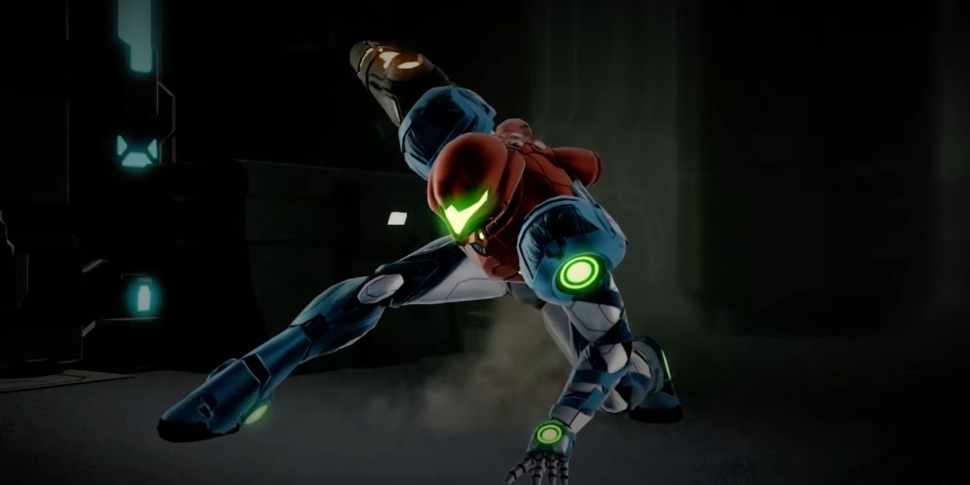 Samus doing a superhero-like landing in Metroid Dread.