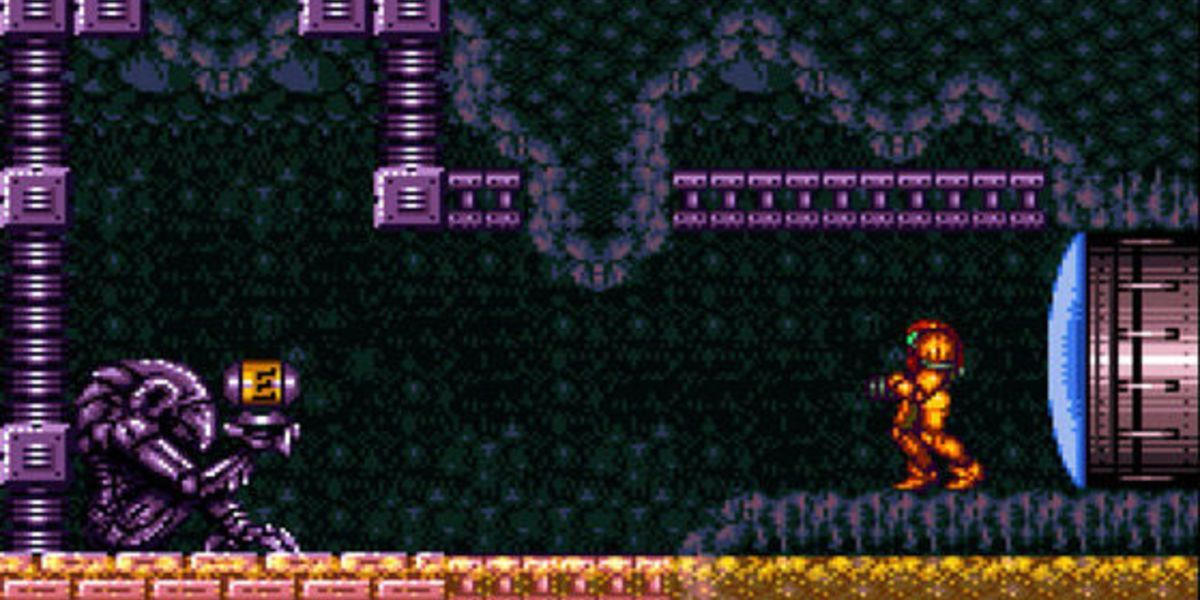 Samus moves to grab an energy tank in Super Metroid.