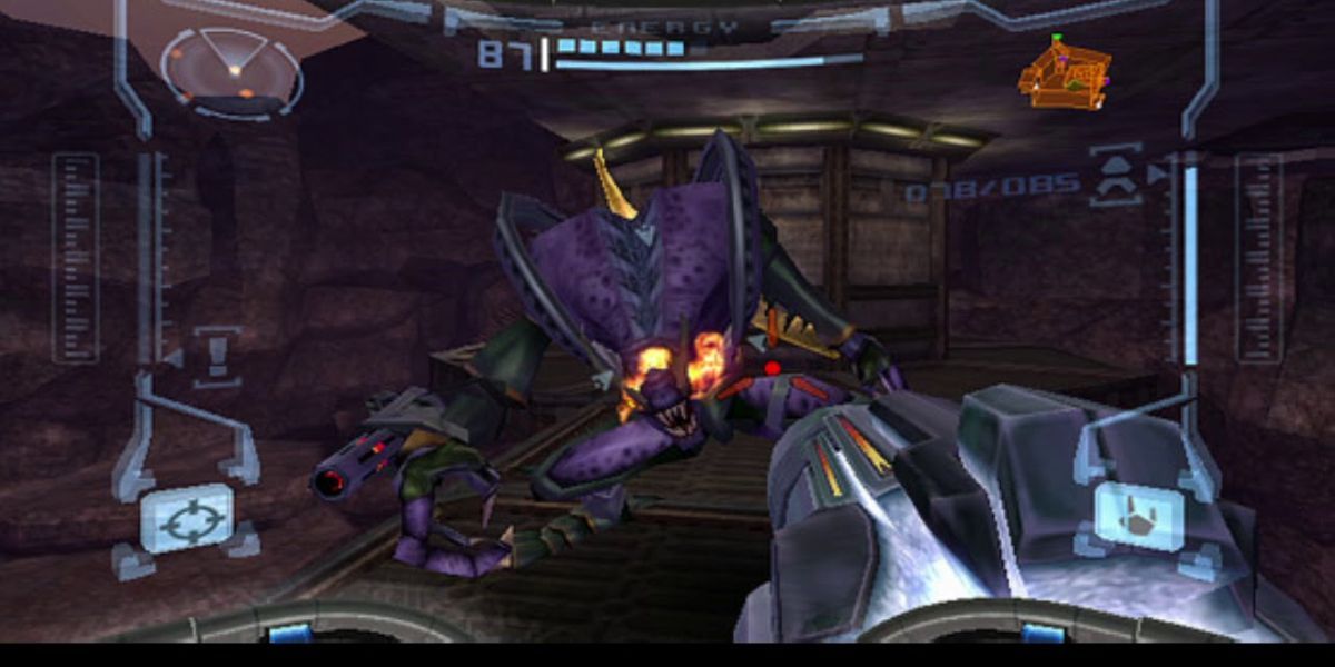 Samus engages a Pirate soldier in Metroid Prime.