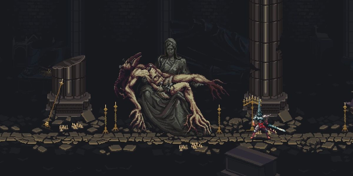 A promotional screenshot from Blasphemous, showing the spooky atmosphere.