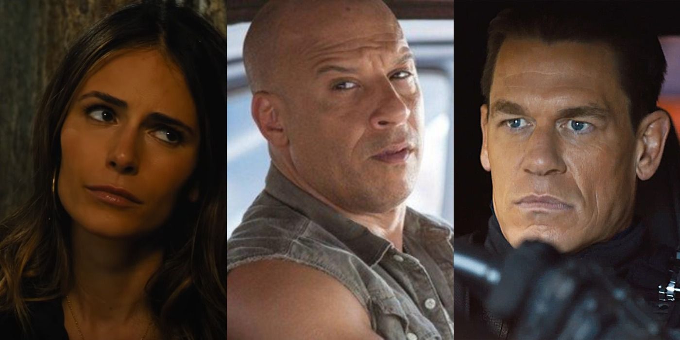 Split image: Mia Toretto looks thoughtful/ Dom Toretto looks outside his car/ Jakob Toretto drives his car
