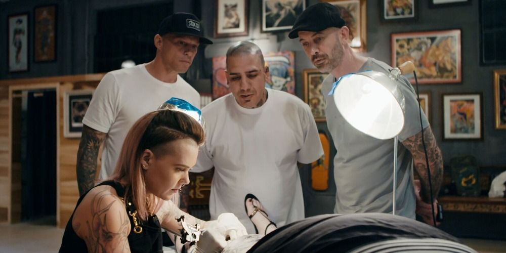 Ami James, Darren and the rest of their crew in a scene from Miami Ink