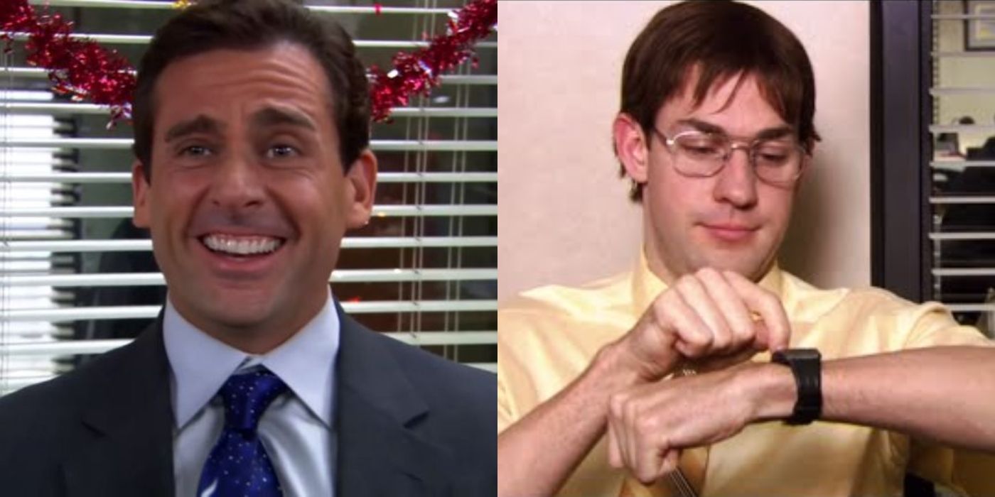 Michael Scott smiling and Jim Halpert looking at his watch on The Office