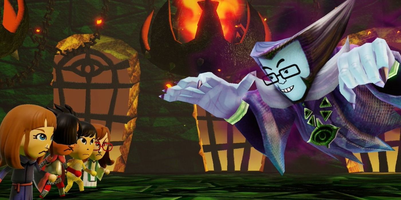 Scene showing a Boss fight in Miitopia game.