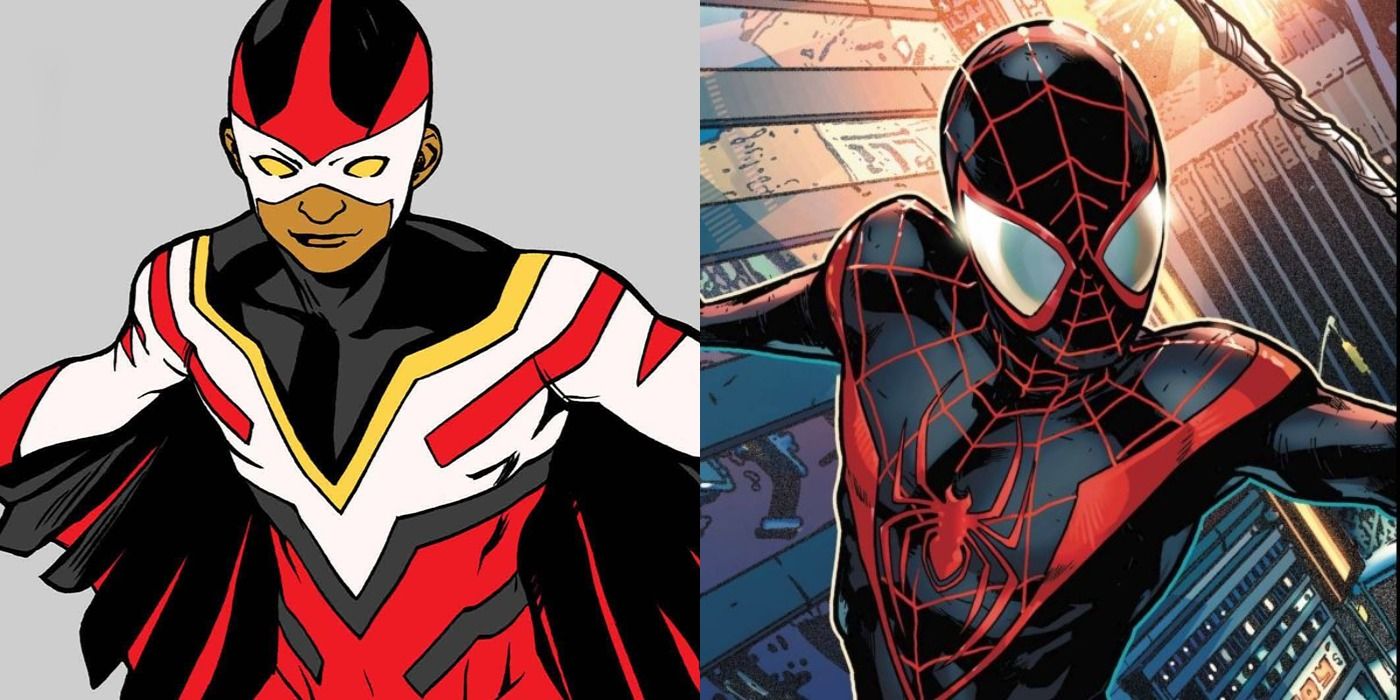 Split image of Miles Morales as Falcon from Heroes Reborn comic and as Spider-Man from Ultimate Comics